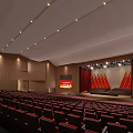 Spacious Conference Hall With Red Seats Stage Red Curtains And Modern Lighting