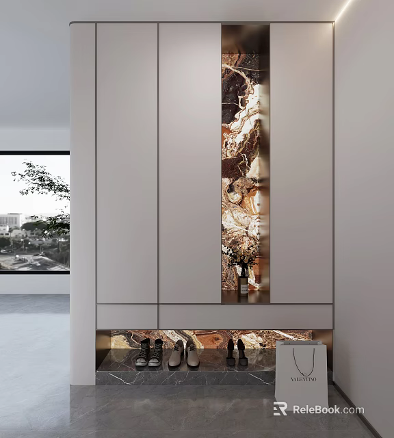 Elegant Modern Shoe Cabinet Design With Marble Panel Mirror And Displayed Shoes 3d model 