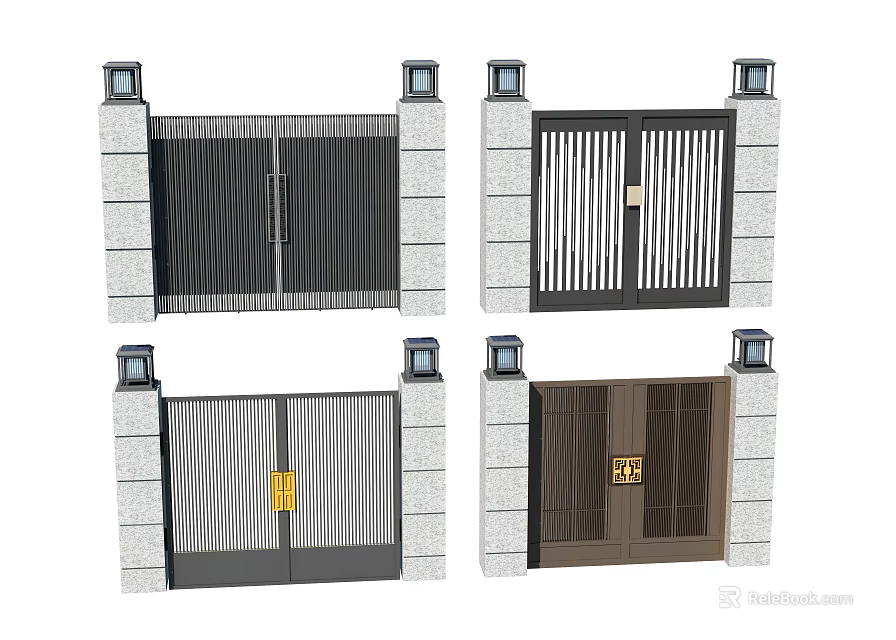 Modern Entrance Gates With Stone Pillars Top Lights And Grille Designs 3d model 