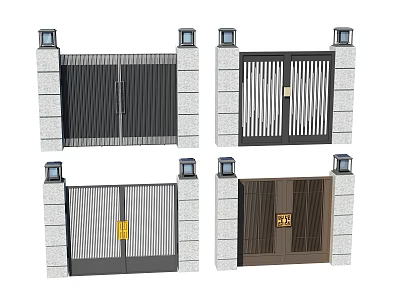 Modern Entrance Gates With Stone Pillars Top Lights And Grille Designs 3d model