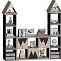 House Shaped White And Gray Decorative Cabinet With Shelves Holding Toys Books And Decorations