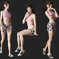 Woman in Different Poses Wearing Pink Crop Top Leopard Print Shorts and White Sneakers