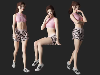 Woman in Different Poses Wearing Pink Crop Top Leopard Print Shorts and White Sneakers 3d model