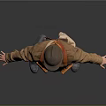 Worker in Brown Work Uniform with Silver Helmet Orange Equipment and Arms Outstretched