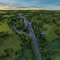 Aerial Planning Layout With Road Network Green Areas Buildings And Sunset Landscape