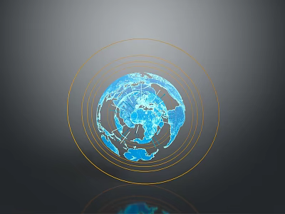 Blue Globe with Yellow Concentric Circles on Dark Reflective Surface 3d model