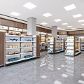 Pharmacy Store Interior With Shelves Of Medicines Bright Lighting And Clean Flooring