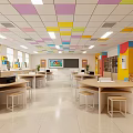 School Cafeteria Interior With Colorful Ceiling Yellow Walls Tables And Storage Cabinets