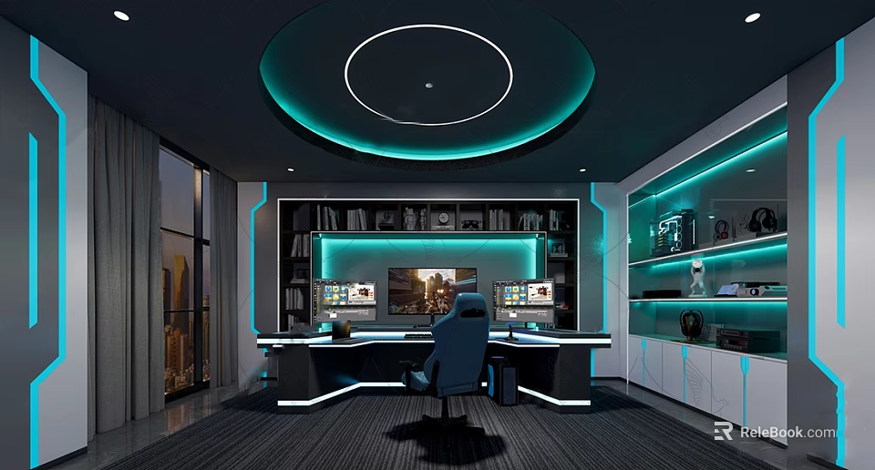 Modern Cyber Cafe Interior Featuring HighPerformance Gaming PCs LED Lighting And Ergonomic Seats 3d model