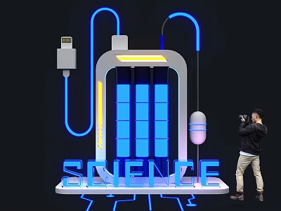 Person Taking Photo Of Science Themed Glowing Battery Device With Neon Lights 3d model