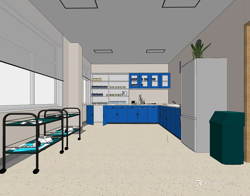 Modern Kitchen Interior Featuring Blue Cabinets White Refrigerator Windows And Countertop 3d model