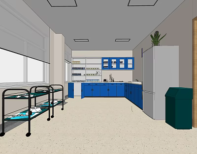 Modern Kitchen Interior Featuring Blue Cabinets White Refrigerator Windows And Countertop 3d model