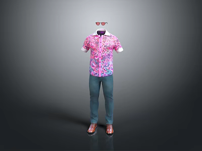 Men's Casual Outfit Pink Floral Shirt Blue Jeans Brown Shoes Red Sunglasses 3d model