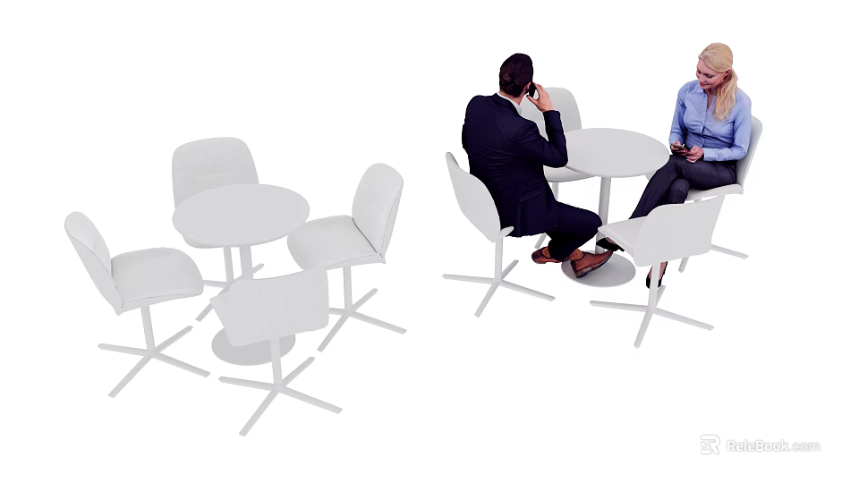 Sleek White Negotiation Table and Chairs with Round Top and Upholstered Seats for Meetings 3d model 