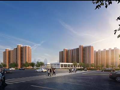 High Rise Residential Building Complex Exterior With Red Brick Facade Greenery Parking Lot And Pedestrians 3d model