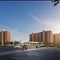 High Rise Residential Building Complex Exterior With Red Brick Facade Greenery Parking Lot And Pedestrians