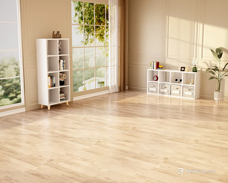 Bright Living Room Featuring Large Windows Wooden Flooring White Bookshelves and Green Plant 3d model 