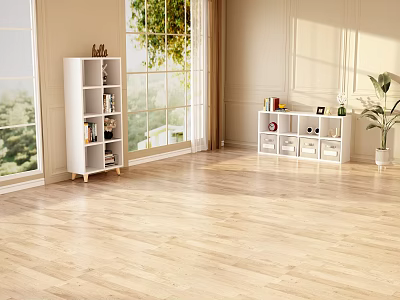 Bright Living Room Featuring Large Windows Wooden Flooring White Bookshelves and Green Plant 3d model