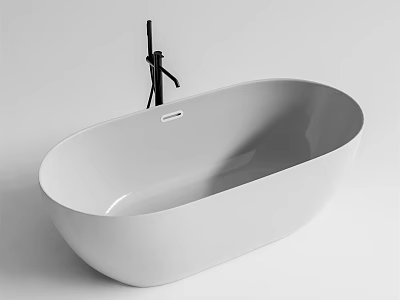 Sleek White Freestanding Bathtub With Black Faucet In Minimalist Bathroom 3d model