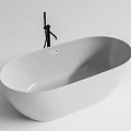 Sleek White Freestanding Bathtub With Black Faucet In Minimalist Bathroom