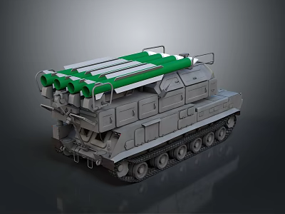 Tracked Military Weapon Vehicle System With Green Missile Launchers And Multiple Launch Tubes 3d model