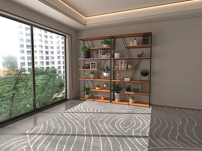 Modern Leisure Area With Large Windows Patterned Carpet Wooden Metal Shelf And Potted Plants 3d model