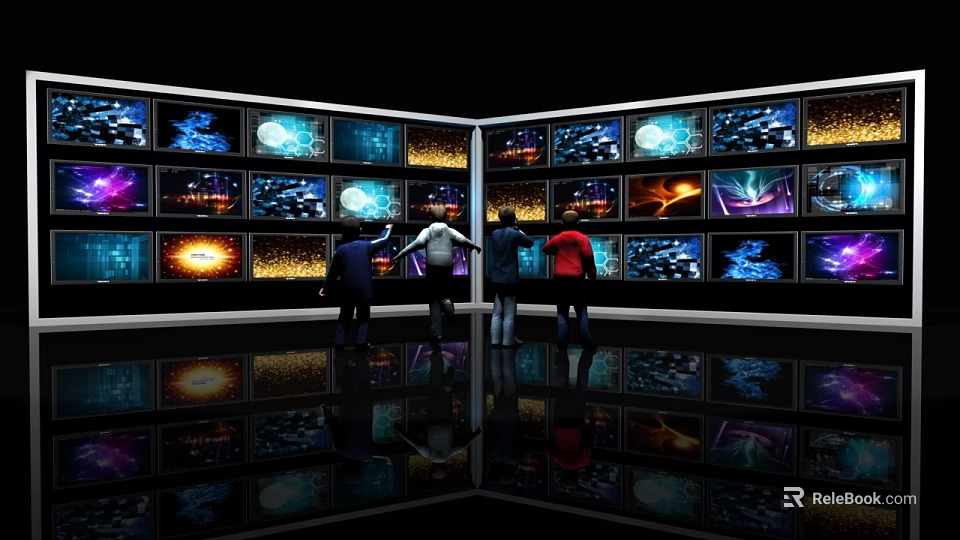 Multiple TVs On Display Wall With People Watching Colorful Dynamic Visuals 3d model 