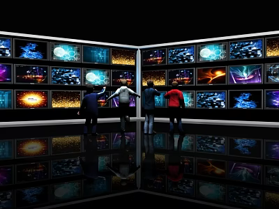 Multiple TVs On Display Wall With People Watching Colorful Dynamic Visuals 3d model