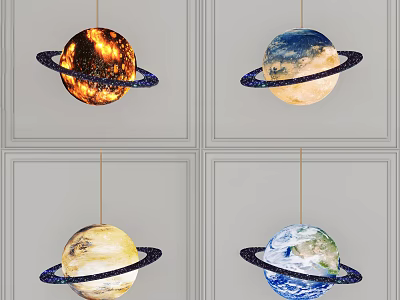 Planetary Themed Chandeliers with Various Designs Featuring Rings and Colorful Planet Surfaces 3d model