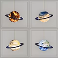 Planetary Themed Chandeliers with Various Designs Featuring Rings and Colorful Planet Surfaces
