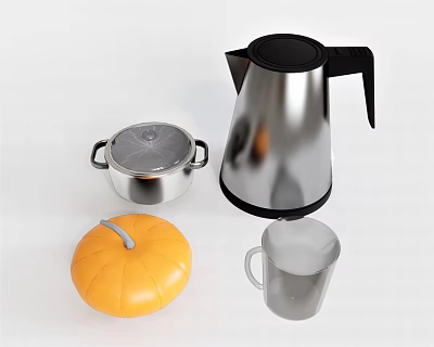 Daily Electrical Appliances Including Stainless Steel Kettle Pot and Transparent Mug 3d model