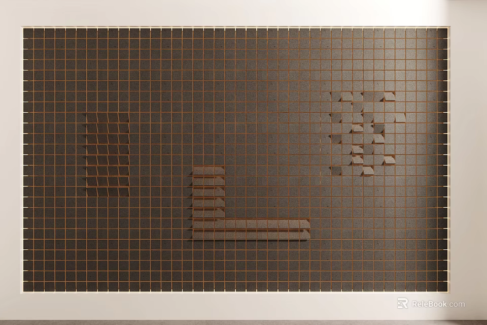 Brown Grid Pattern Background Wall with Geometric Decorative Elements and Stacked Blocks 3d model 