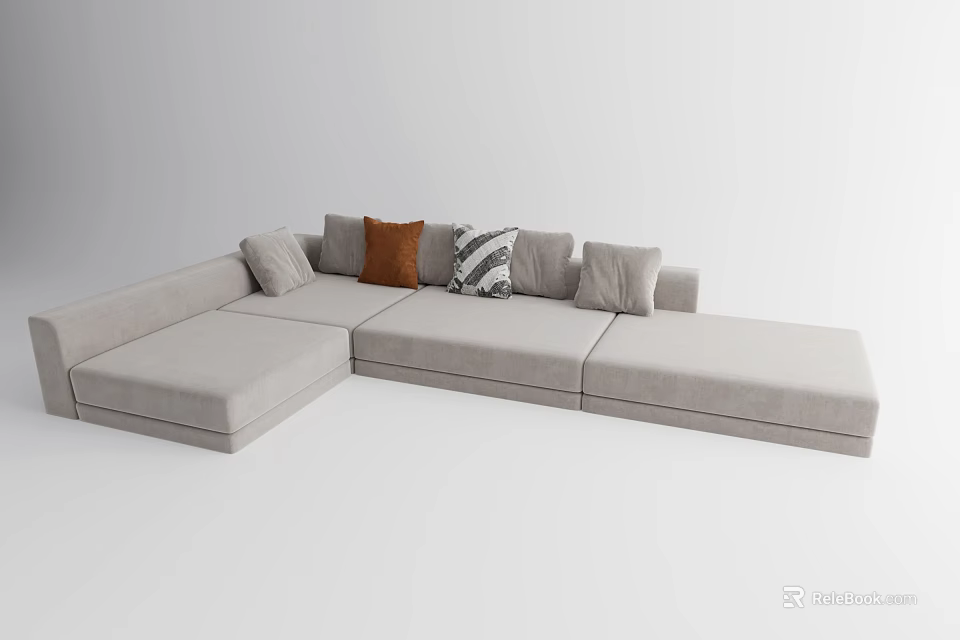 Modern Light Gray Sectional Sofa With Brown And Patterned Decorative Cushions 3d model
