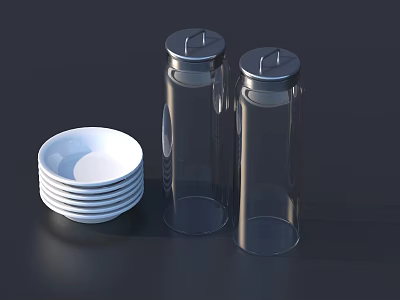 Modern Tableware Set with Stacked White Plates and Transparent Glass Spice Jars with Silver Lids 3d model