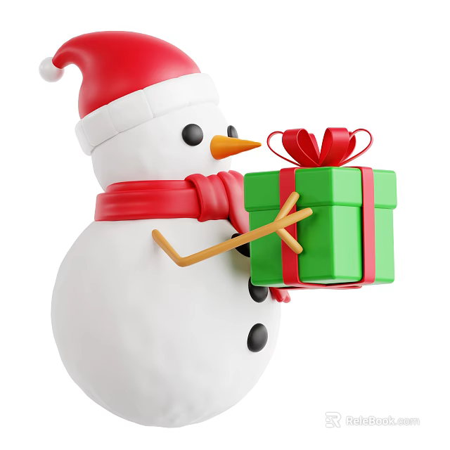 Christmas Snowman Decorative Ornament Set with Red Scarf Green Gift Box Red Bow 3d model 