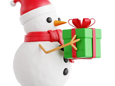 Christmas Snowman Decorative Ornament Set with Red Scarf Green Gift Box Red Bow 3d model