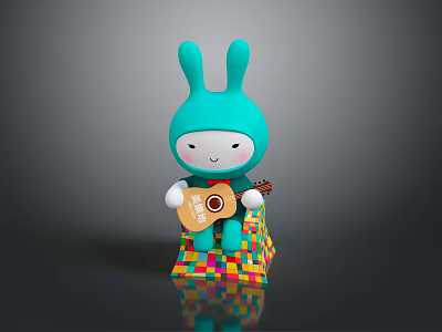 Game Movie Character Teal Rabbit White Face Red Cheeks Holding Guitar On Colorful Block Base 3d model