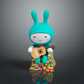 Game Movie Character Teal Rabbit White Face Red Cheeks Holding Guitar On Colorful Block Base