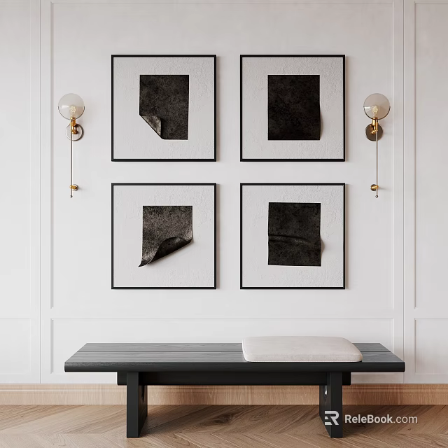 Stylish Wall Art Display With Four Framed Prints Wall Sconces And Bench 3d model