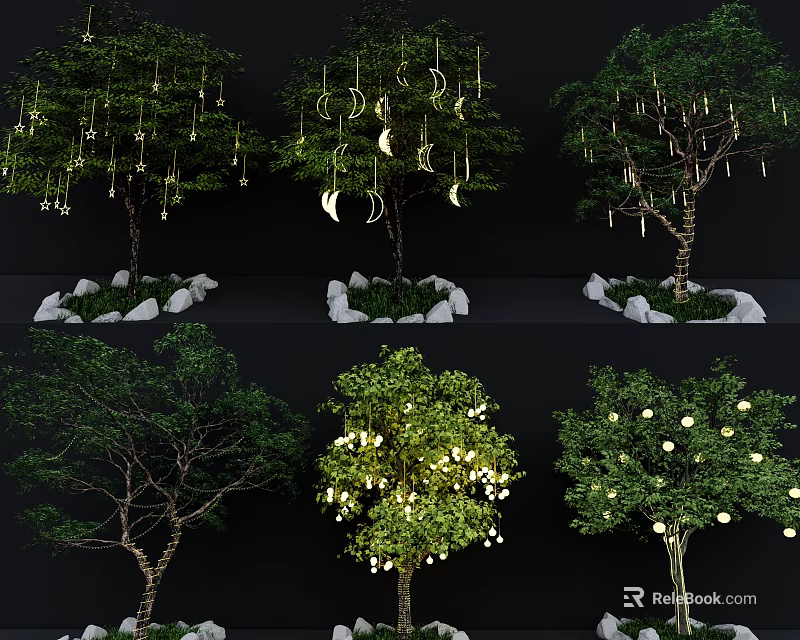 Illuminated Various Garden Arbor Styles With Hanging Lanterns Fruits And Stone Bases 3d model 