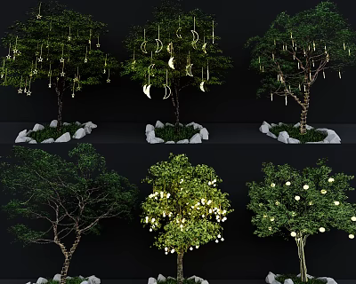 Illuminated Various Garden Arbor Styles With Hanging Lanterns Fruits And Stone Bases 3d model