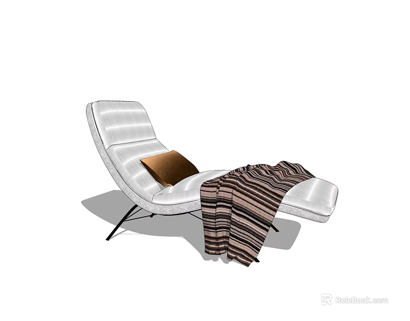 White Lounge Chair With Brown Cushion And Striped Blanket On Black Frame 3d model 