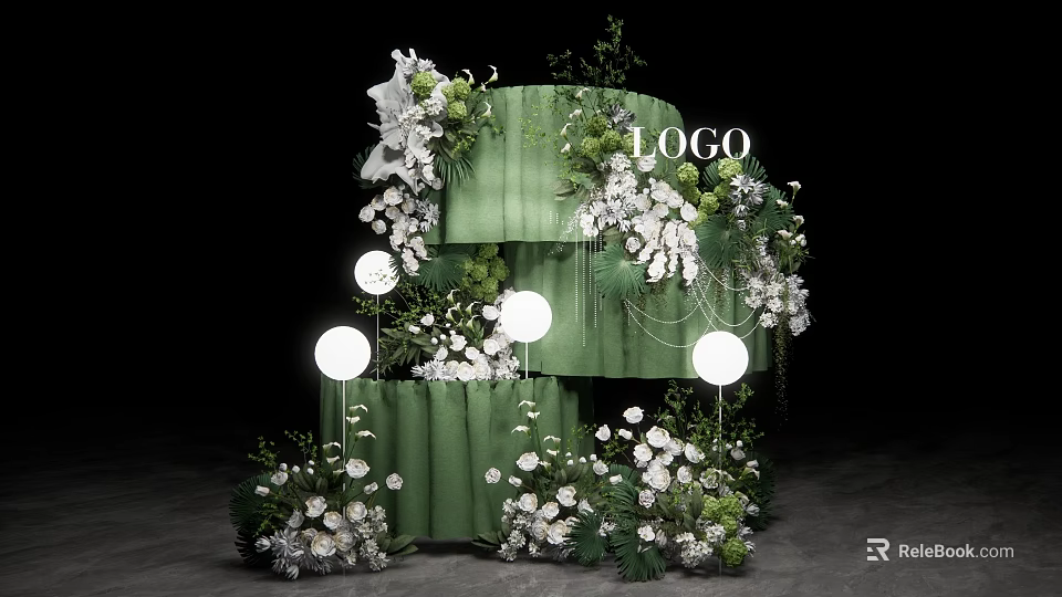 Multi layered Green Decor Structure Featuring White Flowers Greenery Round Lights And Logo 3d model 