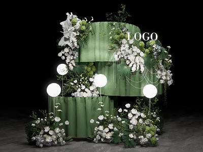 Multi layered Green Decor Structure Featuring White Flowers Greenery Round Lights And Logo 3d model