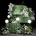 Multi layered Green Decor Structure Featuring White Flowers Greenery Round Lights And Logo 3d model