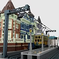 Creative Building Blocks Town Model with Colorful Houses Tram Station and Rail Tracks