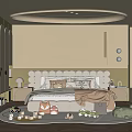 Kids Room With Beige Walls Rounded Ceiling Upholstered Headboard Stuffed Toys And Rug