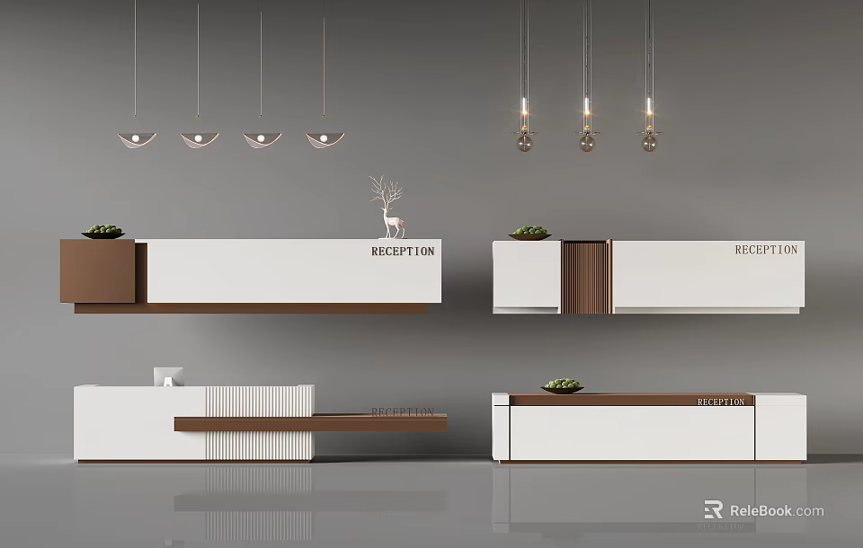 Modern Reception Desk Interior Design With White Brown Finish Pendant Lights And Sign 3d model 