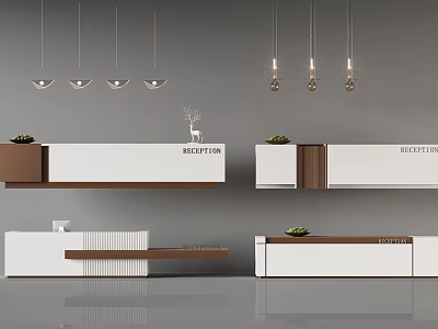Modern Reception Desk Interior Design With White Brown Finish Pendant Lights And Sign 3d model