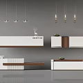 Modern Reception Desk Interior Design With White Brown Finish Pendant Lights And Sign